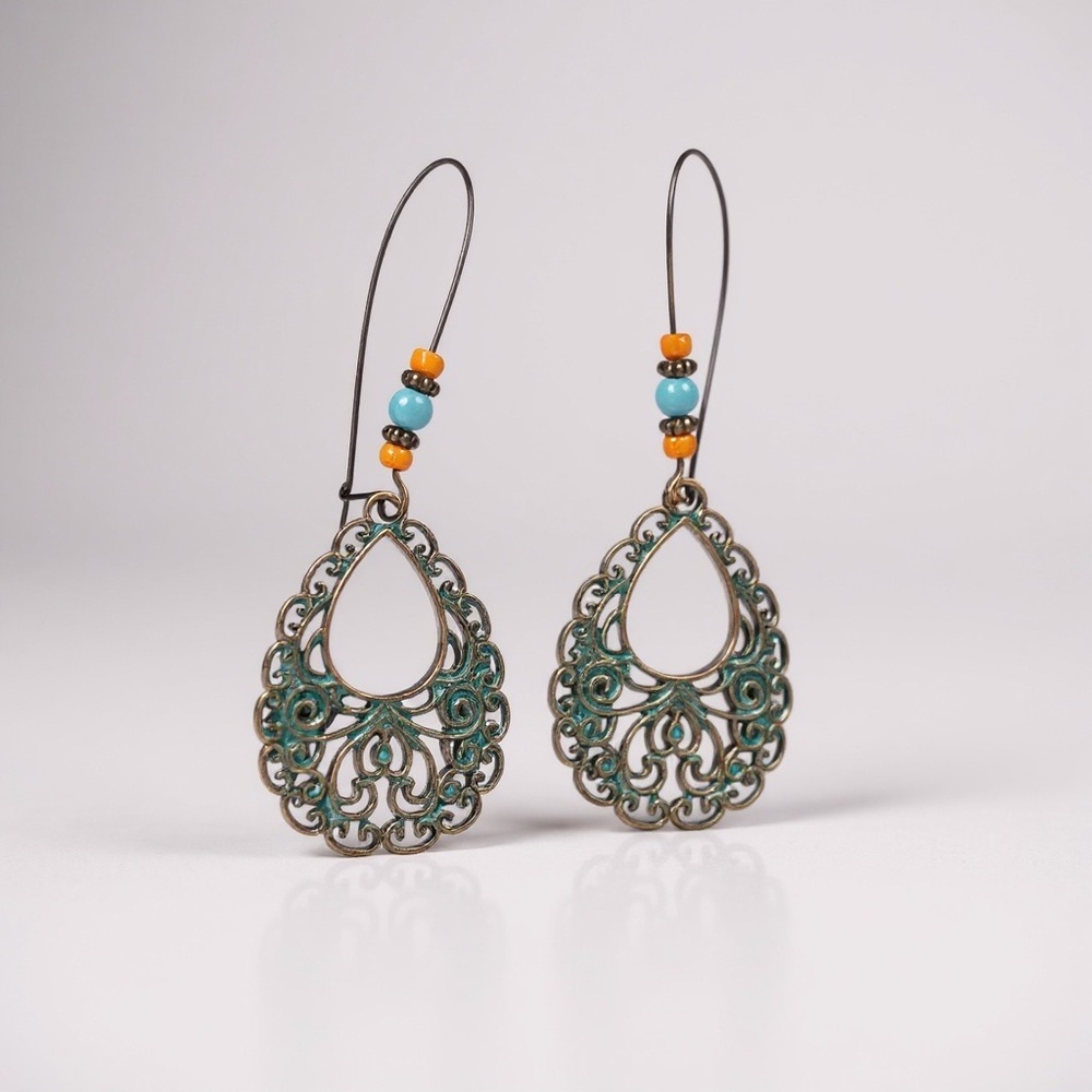 Boho Teardrop Filigree Dangle Earrings with Beads